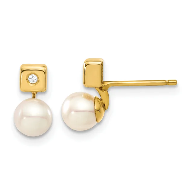 Pair of gold stud earrings featuring square gold tops with small diamonds and suspended round white pearls below.
