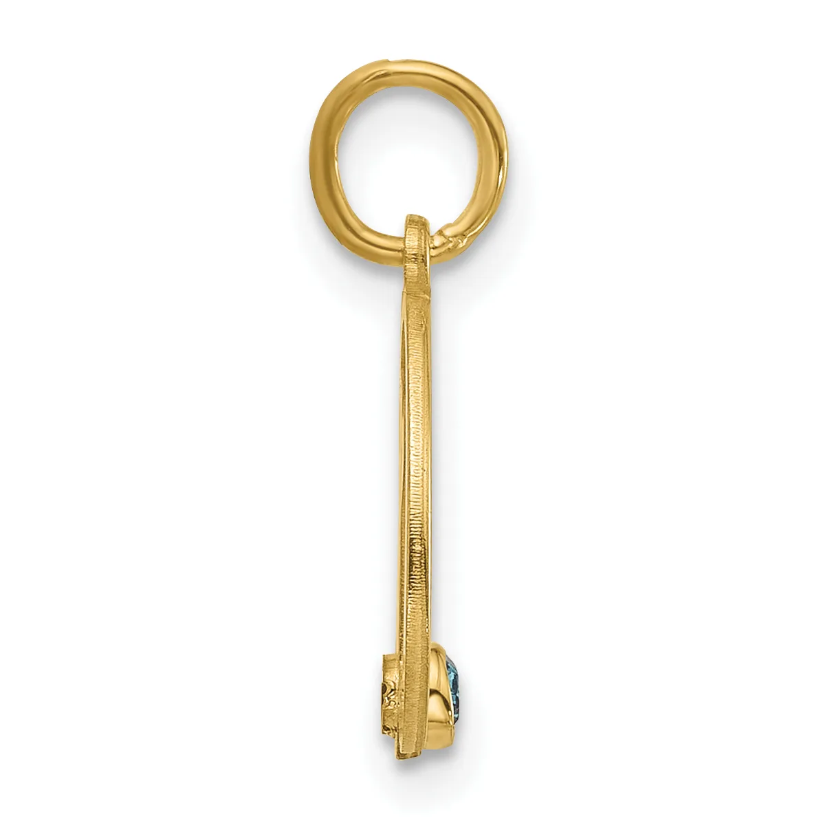 A gold pendant key with a circular loop at the top and an ornate bow at the bottom, displayed vertically against a white background.