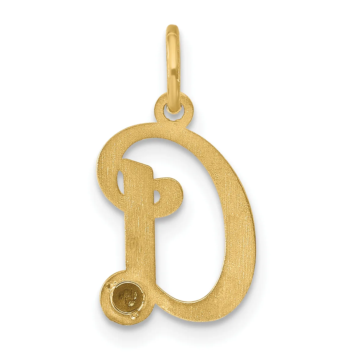 Gold pendant charm in the shape of the letter D with a textured matte finish and a small loop bail at the top for hanging.