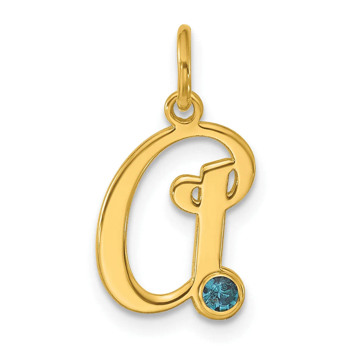Gold letter C pendant with a small loop at top for hanging and a round blue gemstone set at the bottom right.