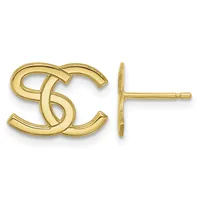 Pair of gold-plated interlocking CC stud earrings shown from front and side view against a white background.