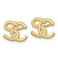 A pair of gold interlocking double C-shaped earrings with a polished finish, shown from above against a white background.