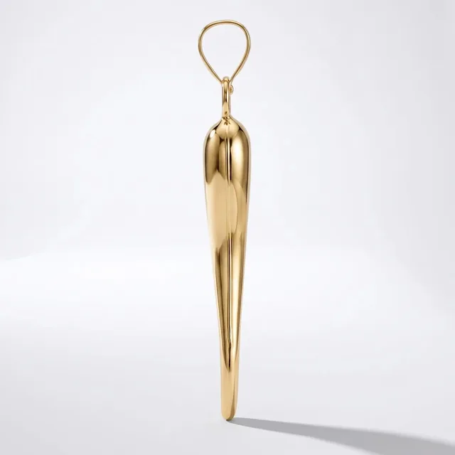 A polished brass pendant in an elongated teardrop shape with a looped bail at the top, photographed against a white background.