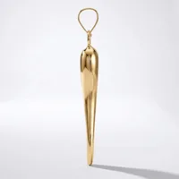 A polished brass pendant in an elongated teardrop shape with a looped bail at the top, photographed against a white background.