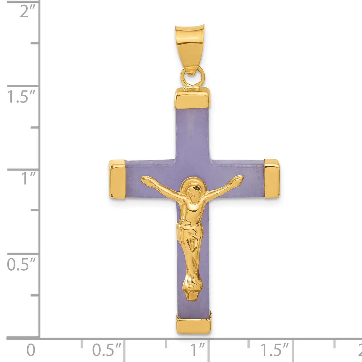 A gold-plated crucifix pendant with a purple enamel cross and a gold corpus Christi figure, shown against a measurement scale indicating approximately two inches in height.