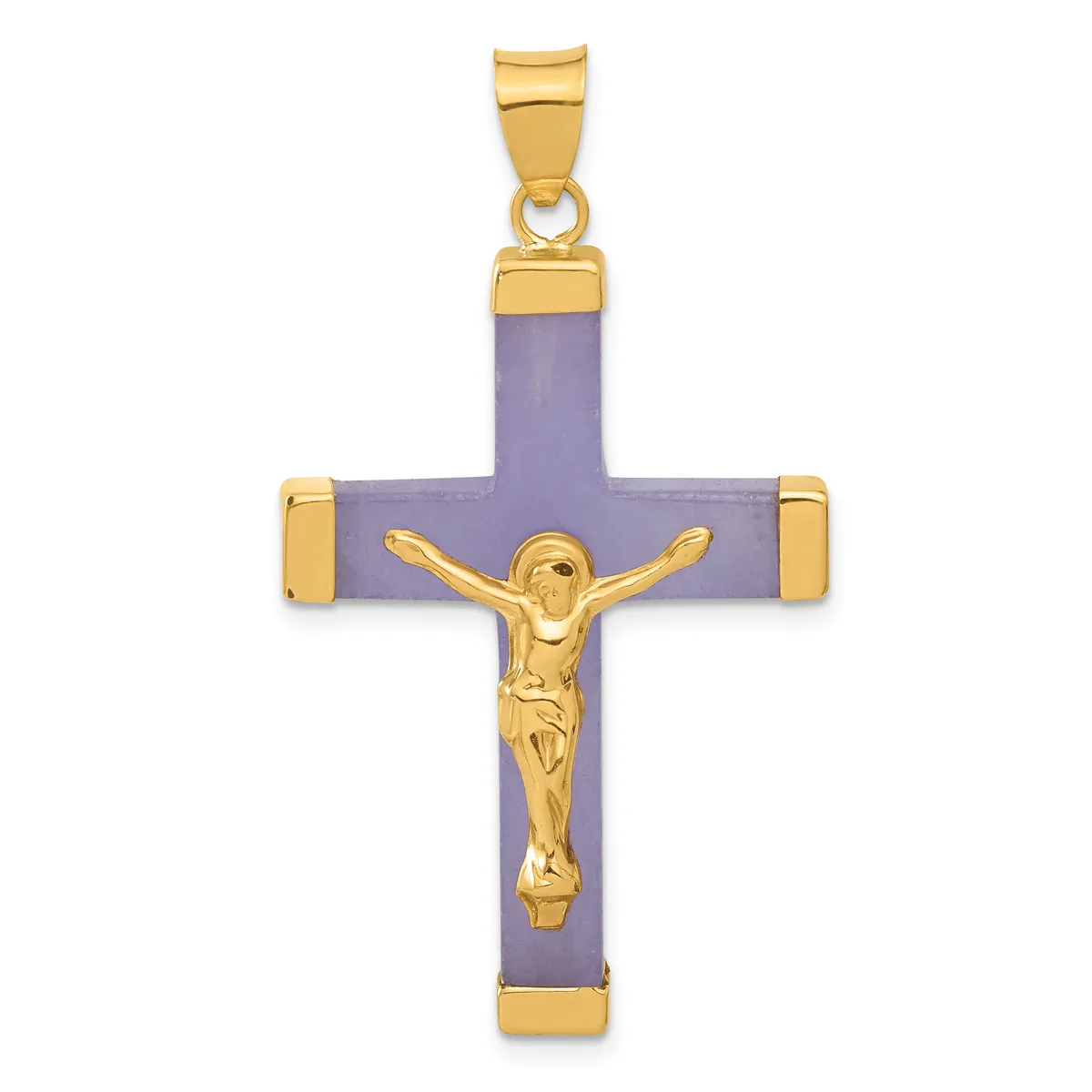 A gold-plated crucifix pendant with a lavender-colored stone cross and a gold corpus figure, featuring gold corner caps and a bail loop at the top.