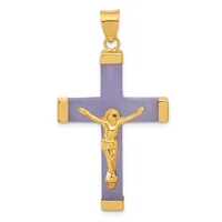 A gold-plated crucifix pendant with a lavender-colored stone cross and a gold corpus figure, featuring gold corner caps and a bail loop at the top.