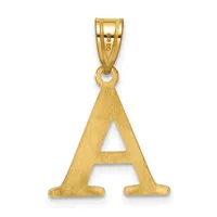 Gold letter A pendant with a brushed finish and bail attachment loop at the top.