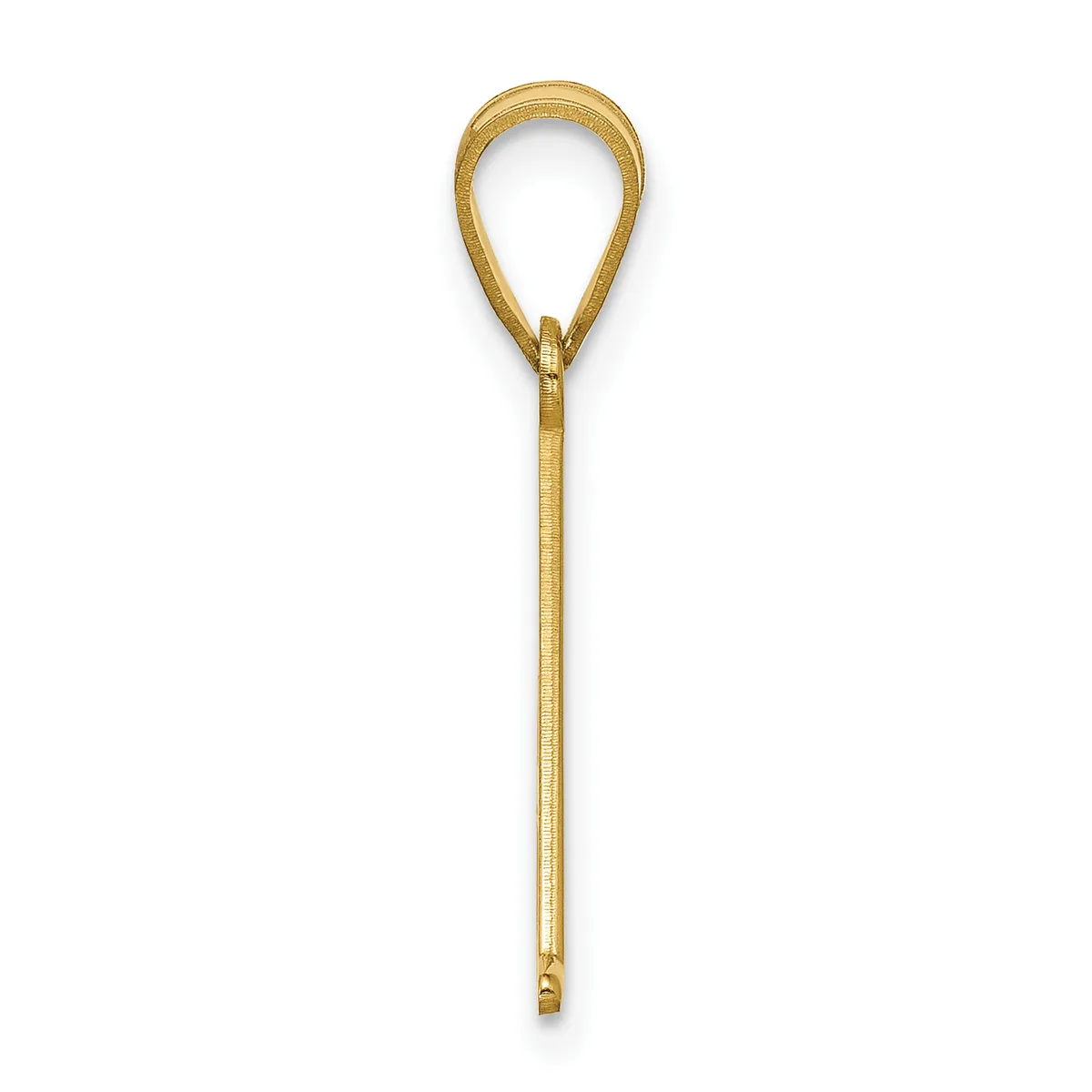 A long, slender gold-toned metal pendant with a teardrop-shaped loop at the top and a small cylindrical bail connector at the bottom.
