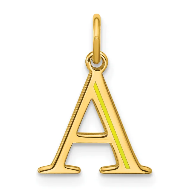 Gold letter A pendant with a small hallmark, featuring a yellow-green enamel stripe on the right side and a loop bail at the top.