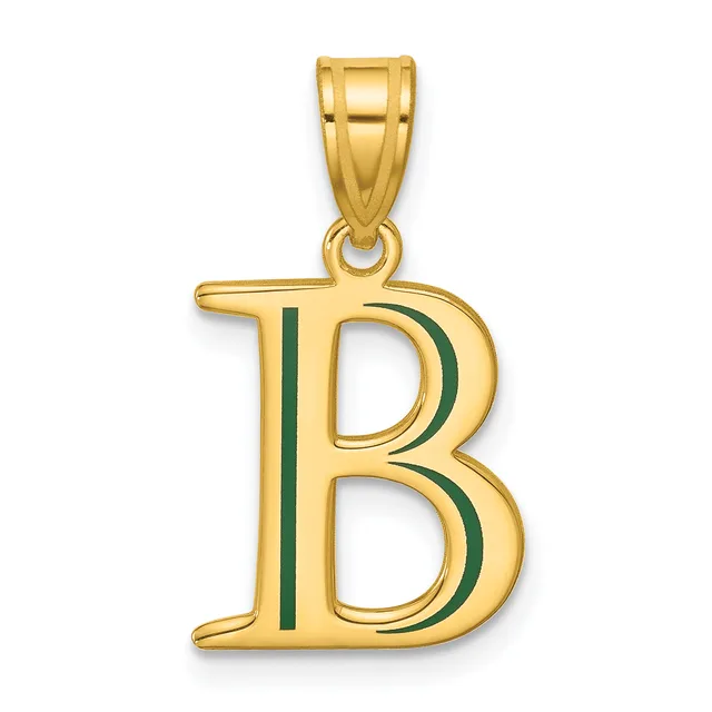 Gold letter B pendant with green enamel stripe down the center, shown hanging from a gold bail against a white background.