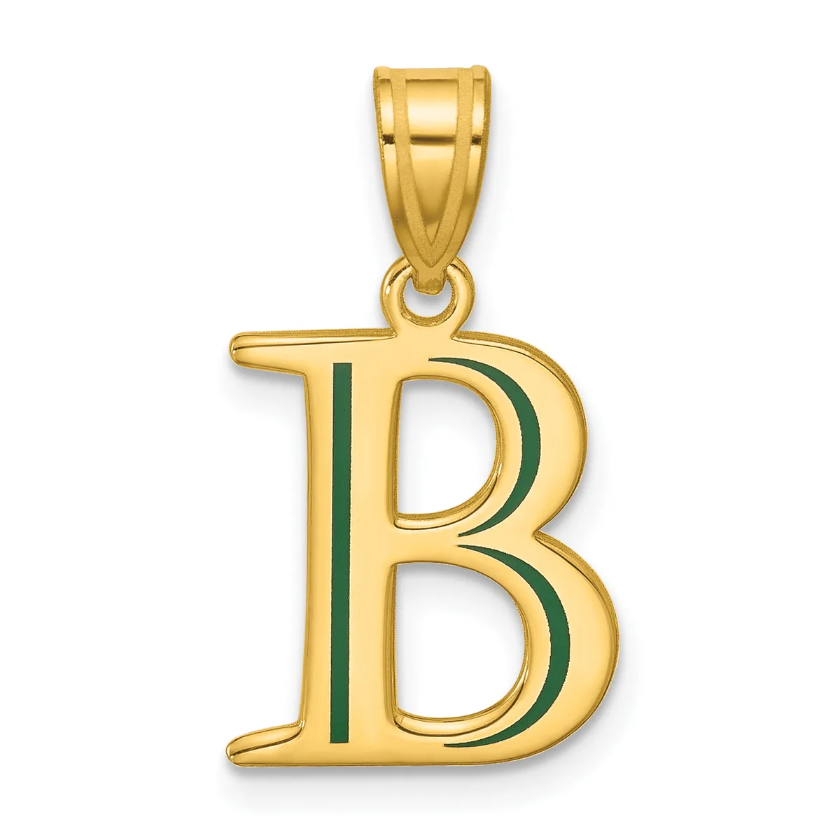Gold letter B pendant with green enamel stripe down the center, shown hanging from a gold bail against a white background.