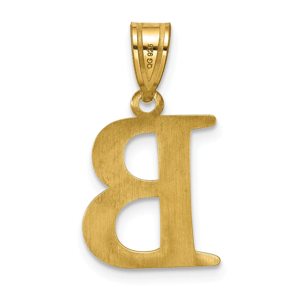 Gold pendant shaped like the letter "a" with a brushed finish and a small stamped hallmark on the bail.