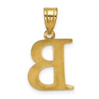 Gold pendant shaped like the letter "a" with a brushed finish and a small stamped hallmark on the bail.
