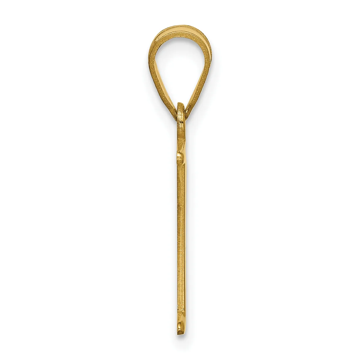 A long, slender gold-toned metal loop with a teardrop-shaped top and a thin shaft ending in a small hook or clasp.