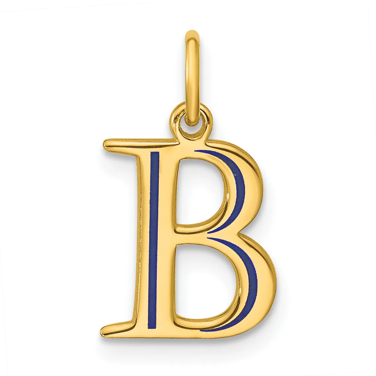 Gold letter B pendant with dark blue enamel striping, suspended from a thin gold bail loop.