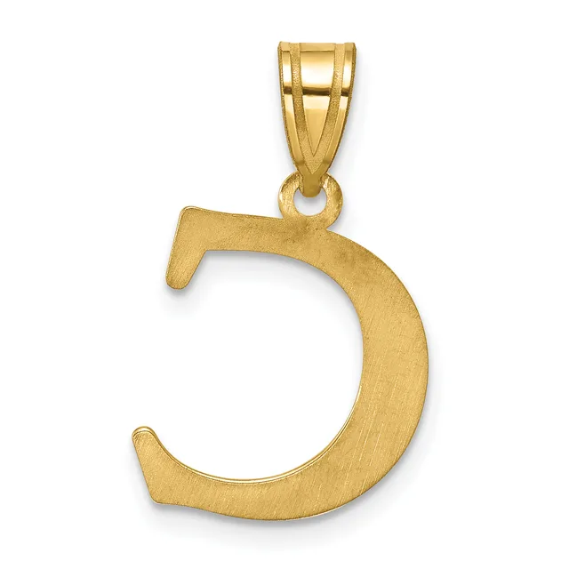 Gold pendant in the shape of the letter D with a satin finish, suspended from a bail loop.