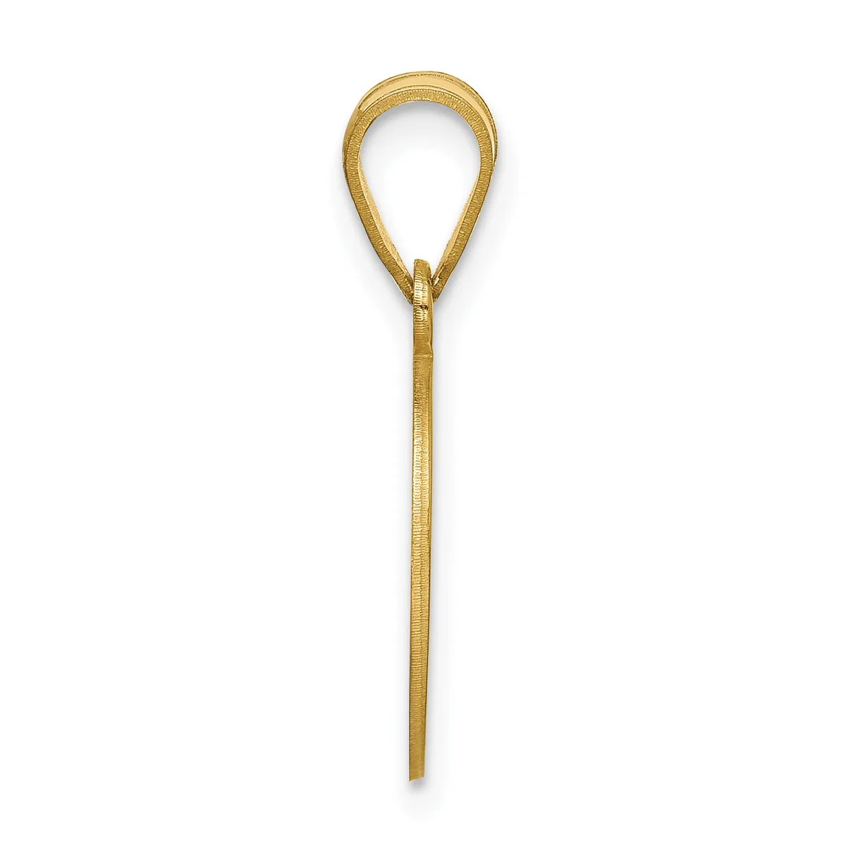 A gold-toned teardrop-shaped pendant with a long stem, shown against a white background.