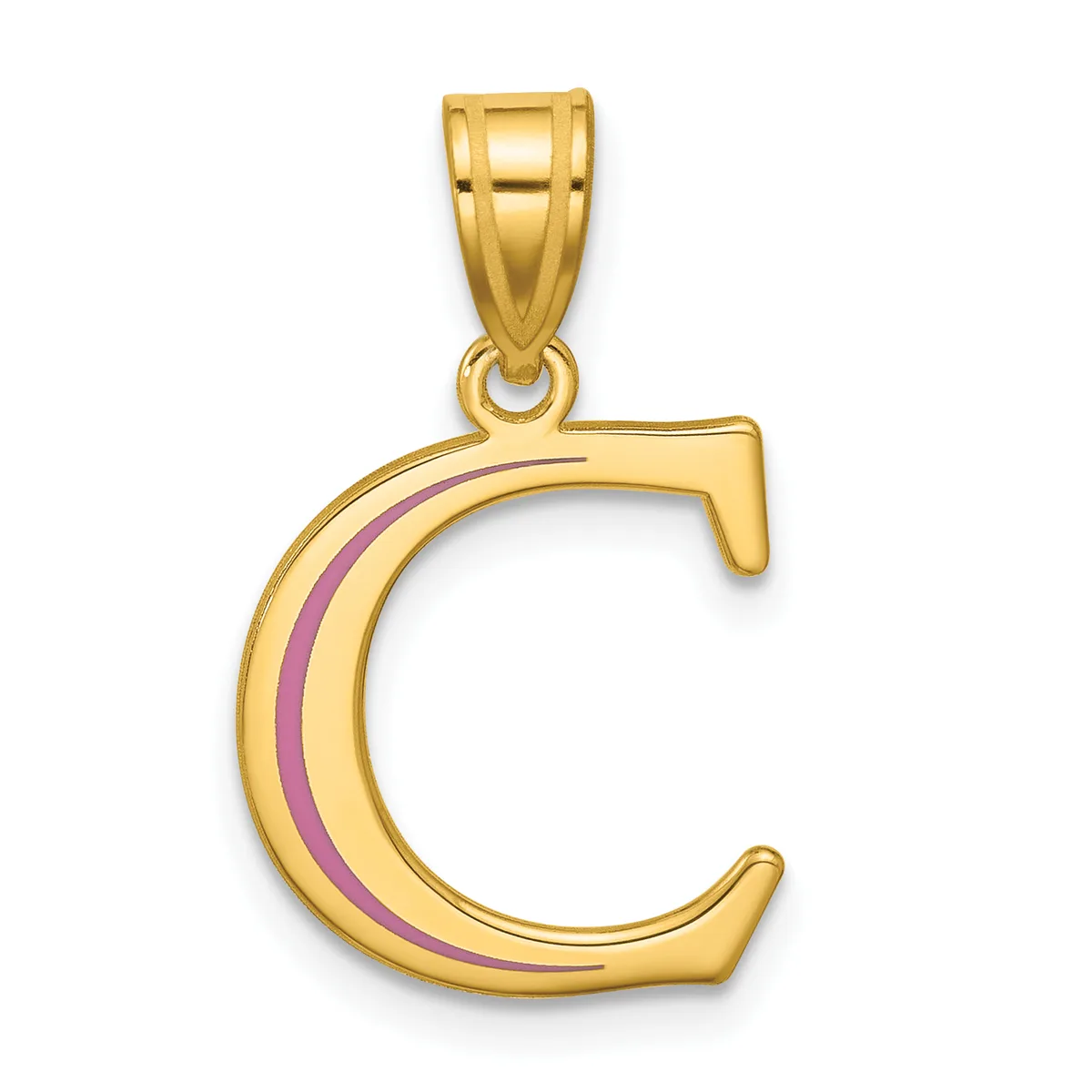 Gold letter C pendant with a pink enamel stripe down the center, suspended from a gold bail.
