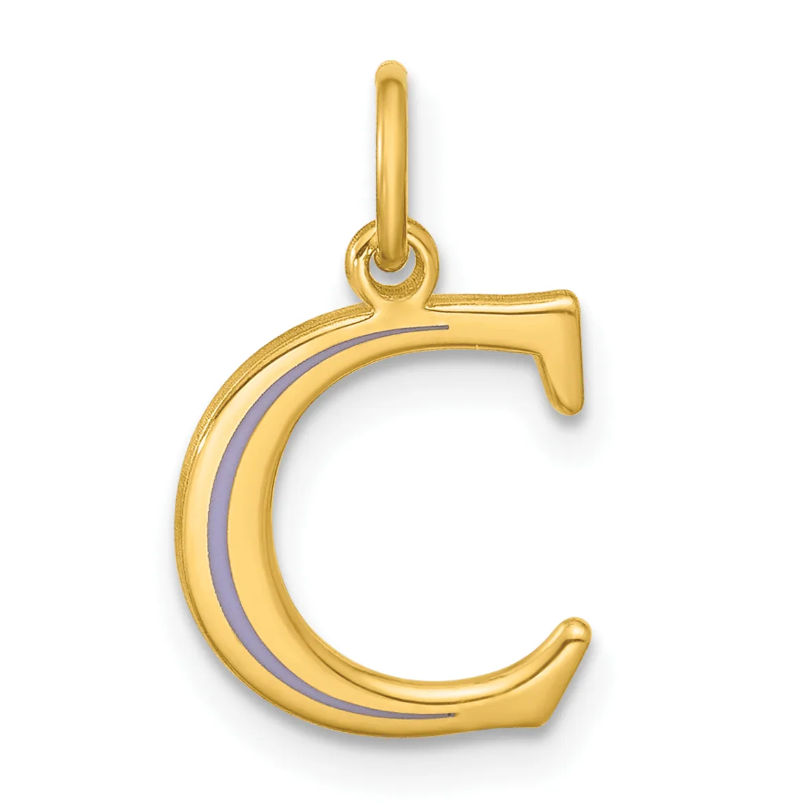 Gold letter C charm with purple enamel stripe detail and a loop bail at the top.