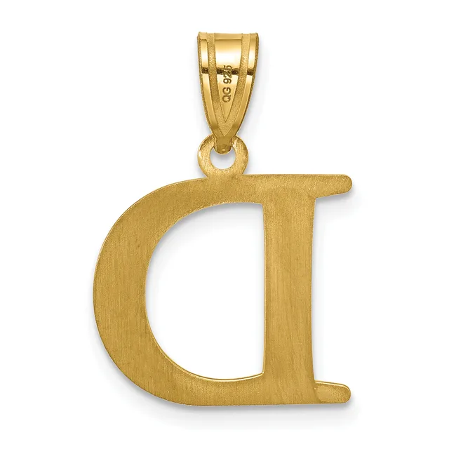 Gold letter "d" pendant with a polished bail attachment and brushed matte finish on the face.