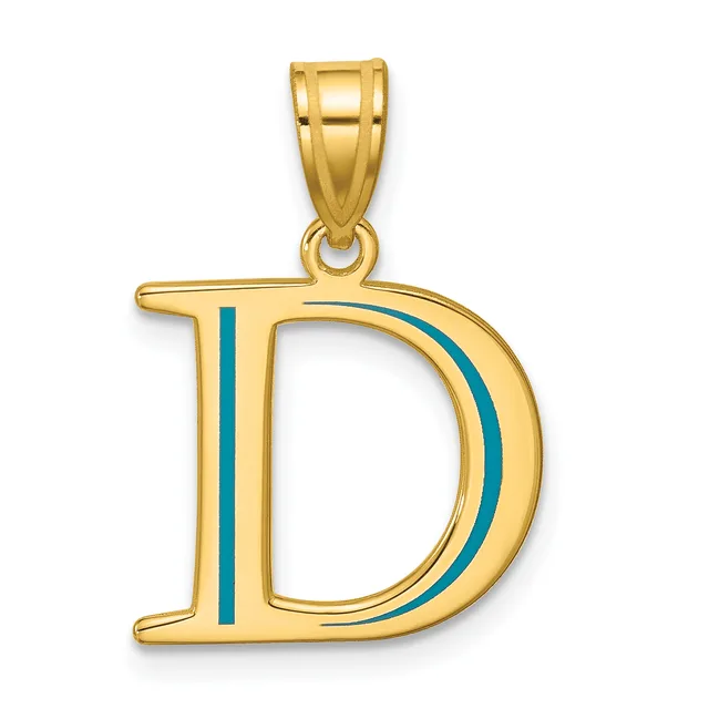 Gold letter D pendant with teal enamel inlay on the vertical stroke and curved side, suspended from a gold bail.