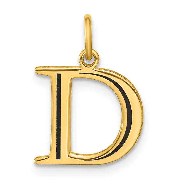 Gold letter D pendant with a polished finish and a small loop at the top for hanging.