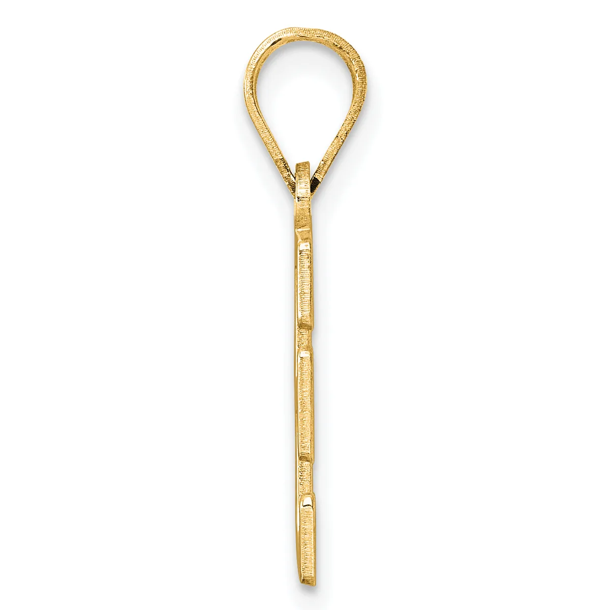 A gold teardrop-shaped pendant with a textured surface and a long stem, displayed vertically against a white background.