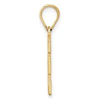 A gold teardrop-shaped pendant with a textured surface and a long stem, displayed vertically against a white background.