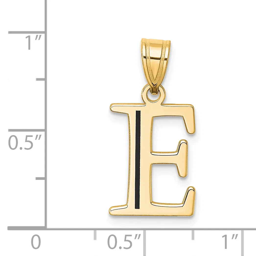 Gold letter E pendant with black enamel vertical stripe down the center, shown next to a measurement scale indicating approximately one inch in height.