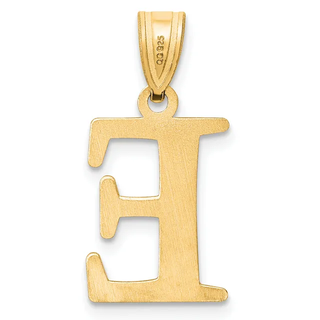Gold letter E pendant with a brushed finish and small stamped hallmark on the bail, shown against a white background.
