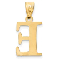Gold letter E pendant with a brushed finish and small stamped hallmark on the bail, shown against a white background.