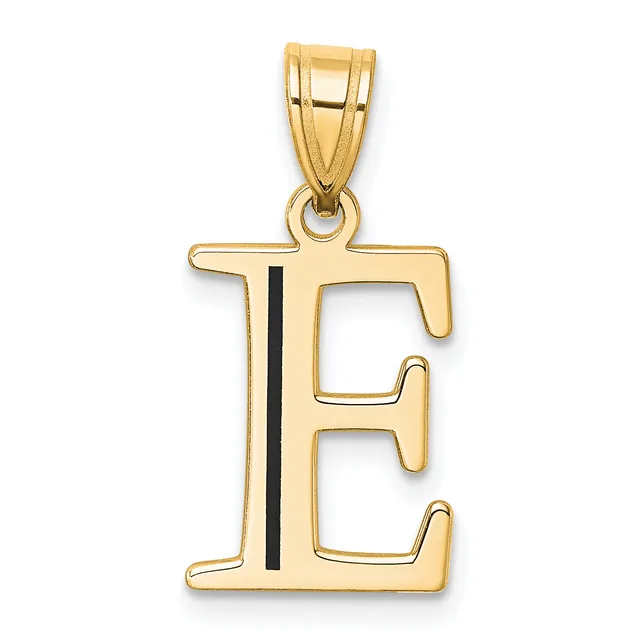 Gold letter E pendant with a black vertical stripe down the center, displayed against a white background.