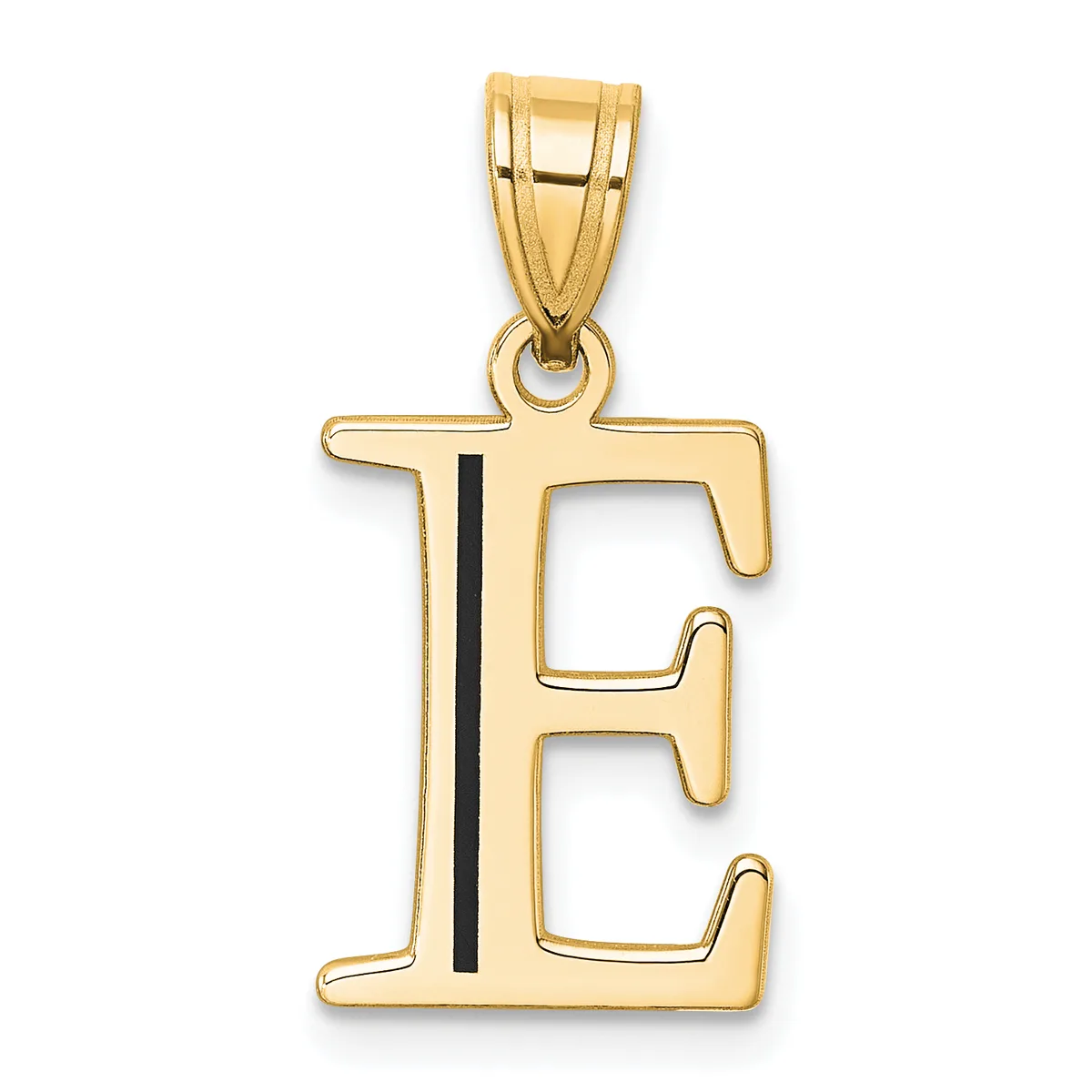 Gold letter E pendant with a black vertical stripe down the center, displayed against a white background.