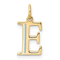 Gold letter E pendant with a vertical blue enamel stripe down the center, shown hanging from a gold bail.
