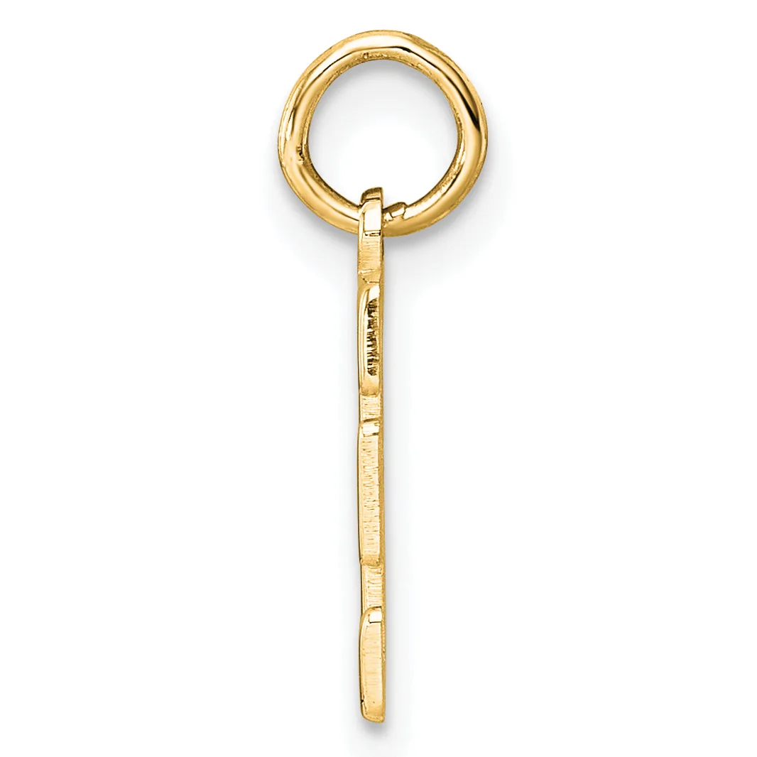 A gold-toned metal charm or pendant consisting of a circular loop at the top connected to a long rectangular bar stem, shown against a white background.