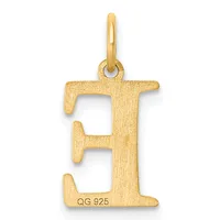 Gold pendant shaped like the letter E with a brushed finish and a small stamped hallmark on the lower right, suspended from a thin rounded bail.