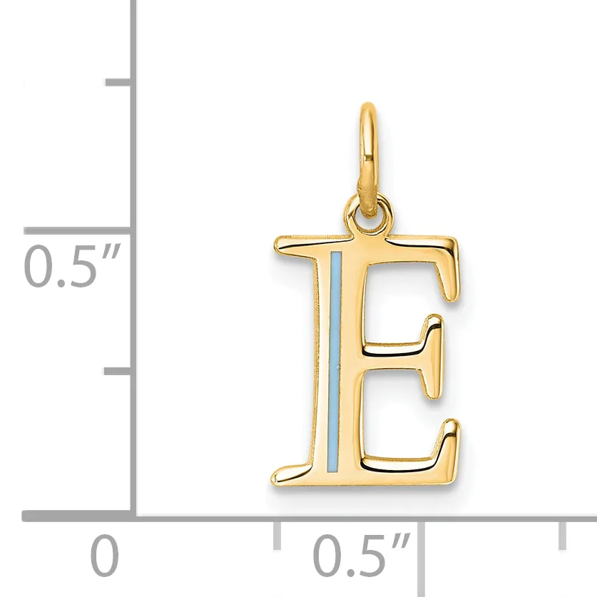 Gold letter E pendant with a hollow design shown next to a ruler indicating approximately 0.5 inches in width and height.
