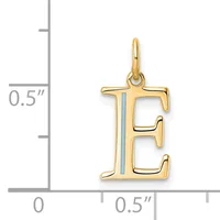 Gold letter E pendant with a hollow design shown next to a ruler indicating approximately 0.5 inches in width and height.