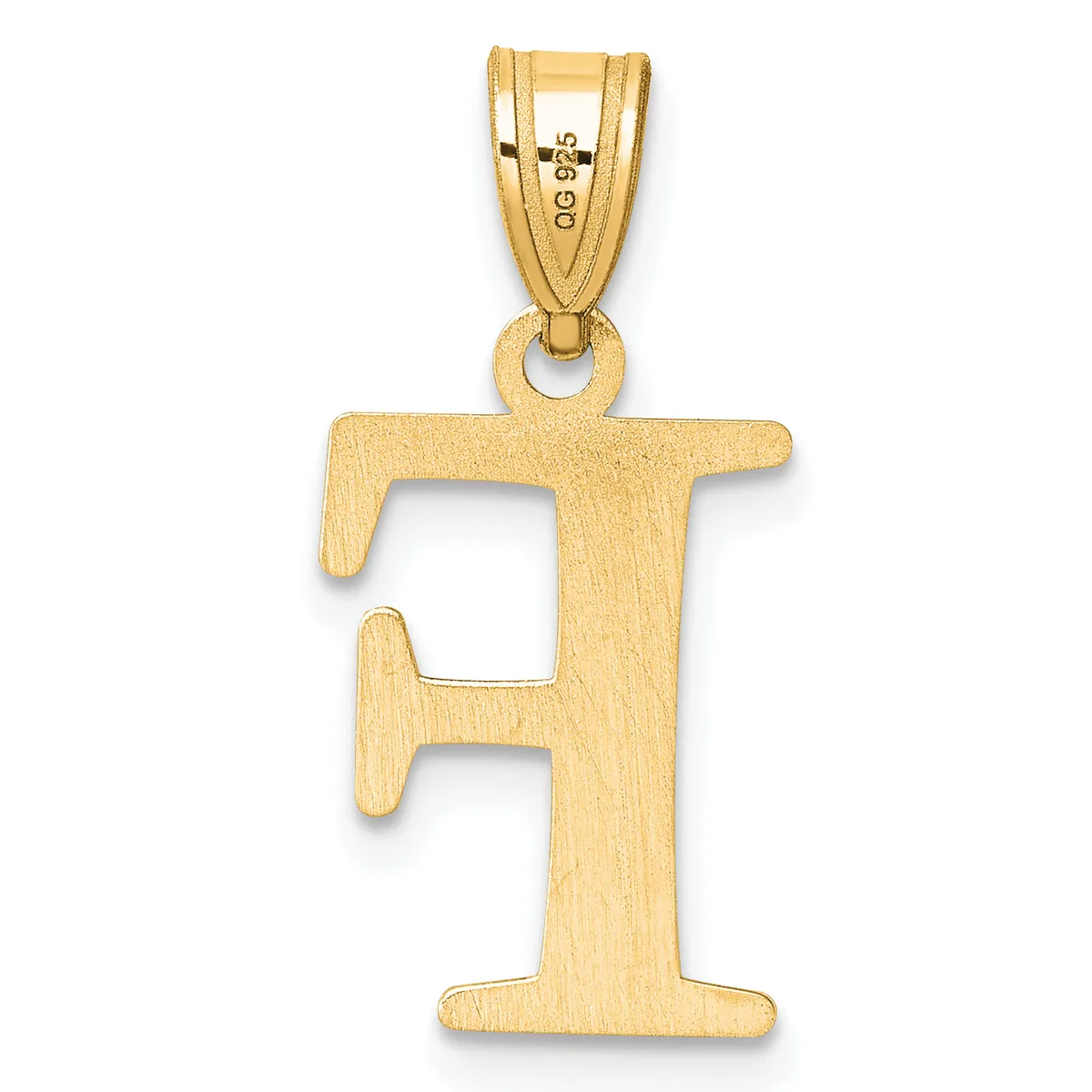 Gold letter F pendant with a rectangular cutout in the center, suspended from a bail with a small stamped hallmark.