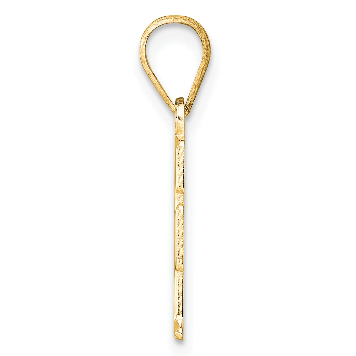 A gold-toned teardrop-shaped pendant with a long stem featuring small rectangular cutouts along its length, attached to a small loop at the top.
