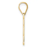 A gold-toned teardrop-shaped pendant with a long stem featuring small rectangular cutouts along its length, attached to a small loop at the top.
