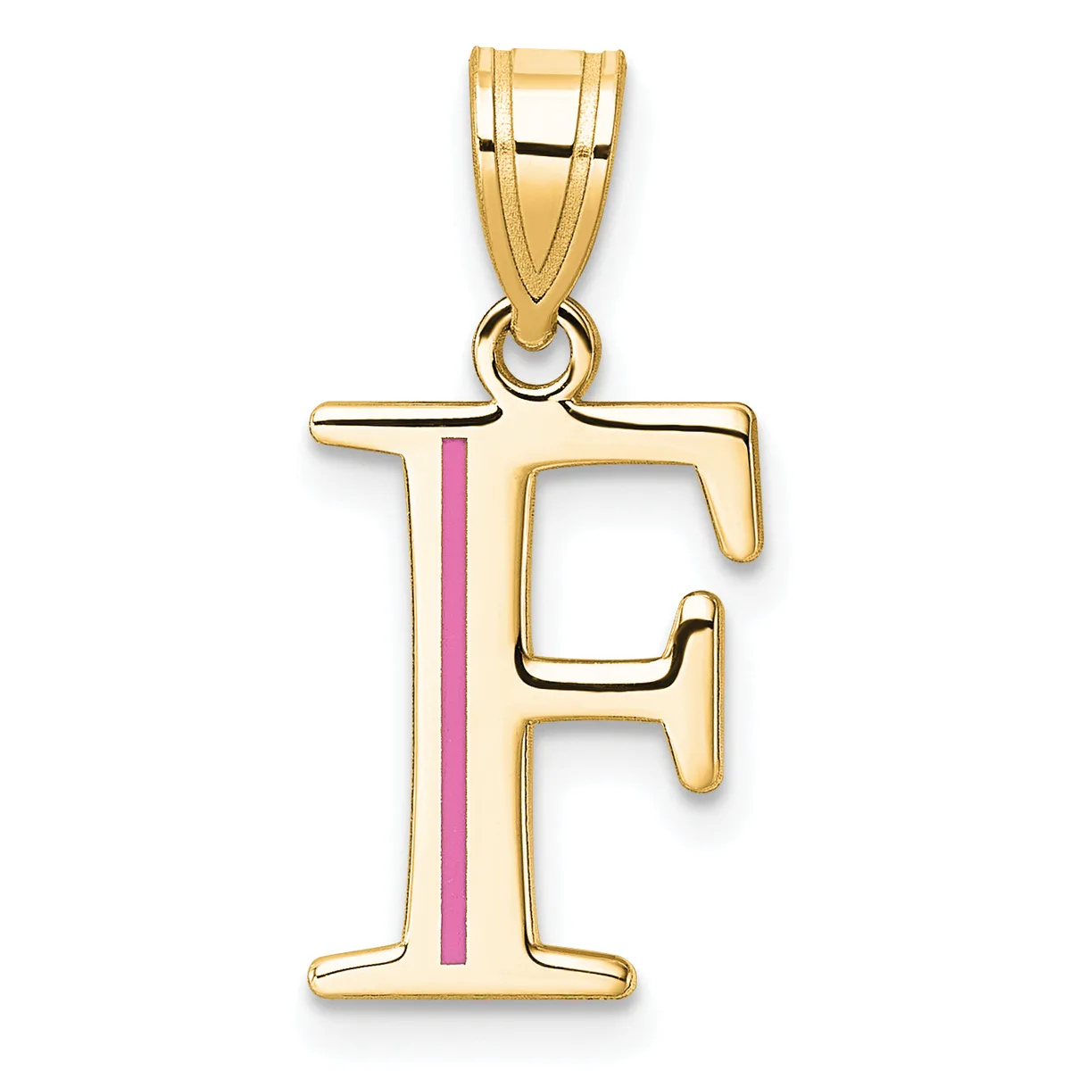 Gold letter F pendant with pink enamel vertical stripe down the center, suspended from a gold bail.