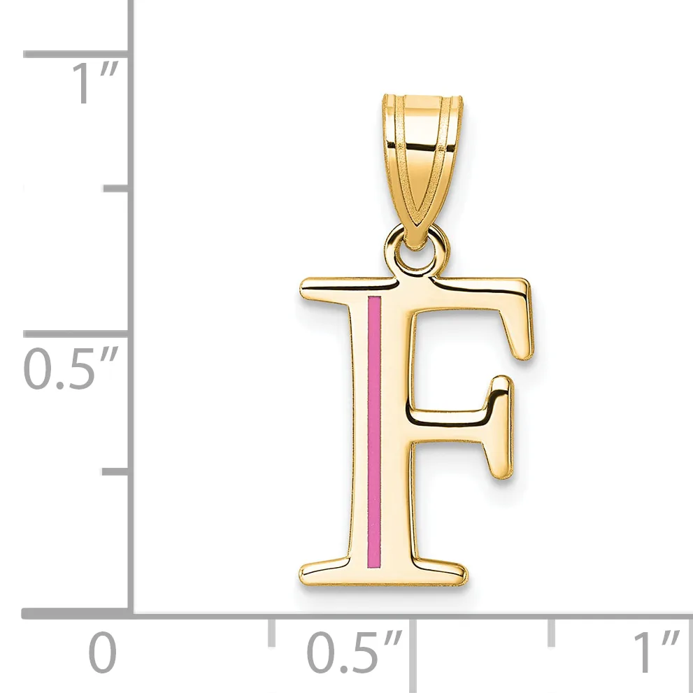 Gold letter F pendant with pink enamel stripe down the center, displayed against a measurement scale showing approximately one inch in height.