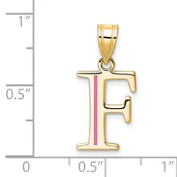 Gold letter F pendant with pink enamel stripe down the center, displayed against a measurement scale showing approximately one inch in height.