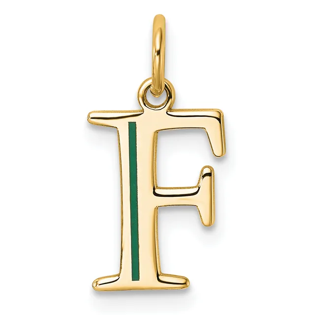 Gold letter F pendant with green enamel vertical stripe down the center, shown hanging from a gold bail against a white background.