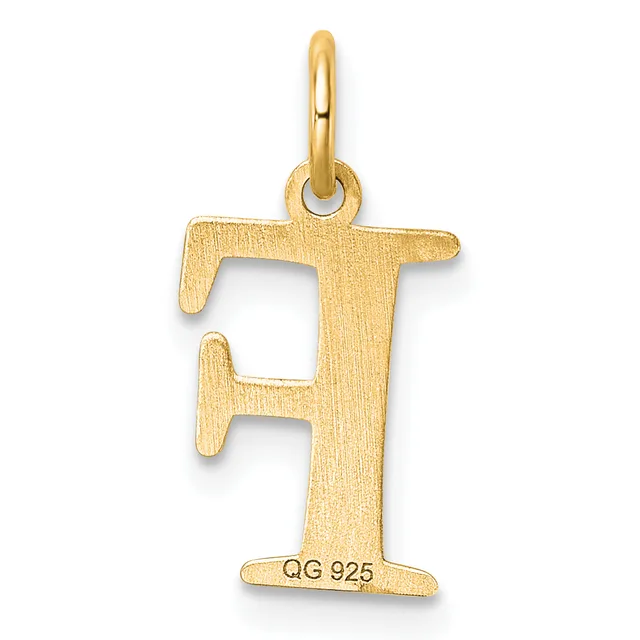 Gold letter F pendant with a brushed finish and a small stamped hallmark on the base, shown hanging from a gold loop bail.