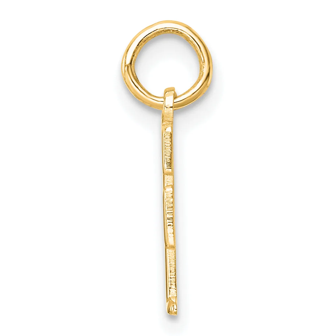A gold pendant charm consisting of a circular loop at the top connected to a long rectangular bail with a textured surface.