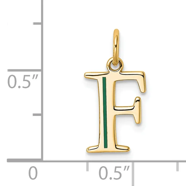 Gold-toned letter F pendant with green enamel stripe, shown next to a ruler indicating approximately half-inch dimensions.