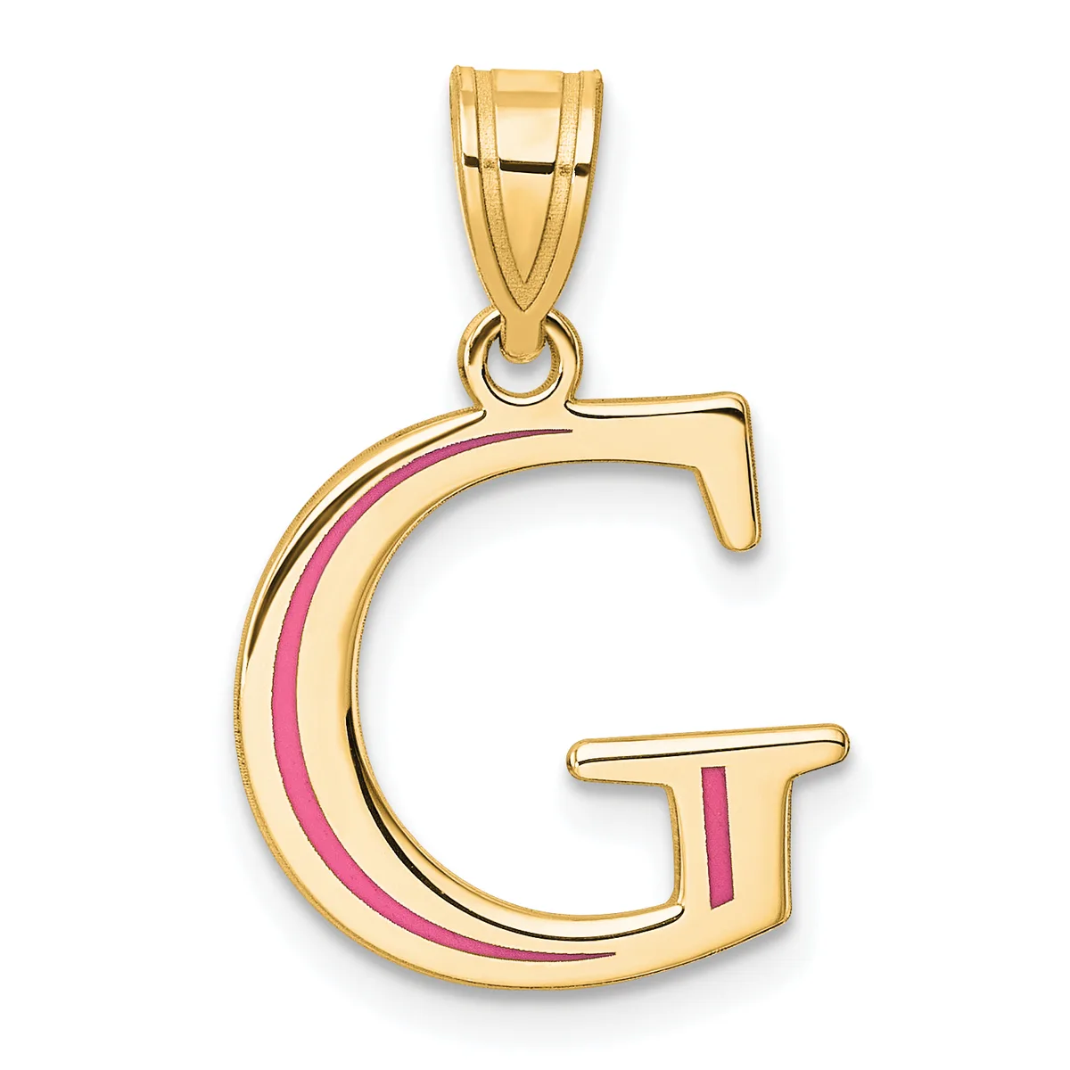 Gold letter G pendant with pink enamel inlay and a bale loop at the top, shown against a white background.
